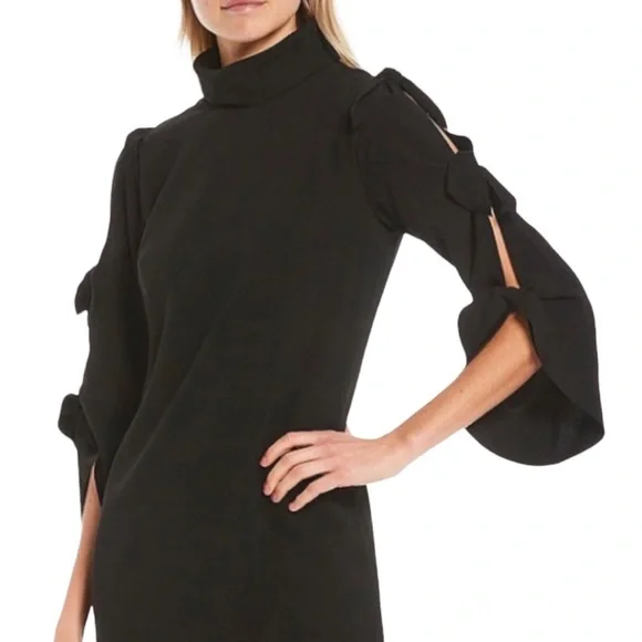 💥SOLD💥Alex Marie Nina Bow Sleeves Mock Neck Mini Dress Black Sz 2 NWT - Picture 3 of 10